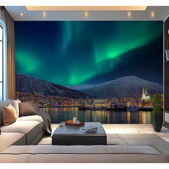 Peel and Stick Wallpaper Waterproof View night illuminated Tromso city cathedral majestic borealis Wall Mural Decor Self Adhesive and Removable 100in x 144in