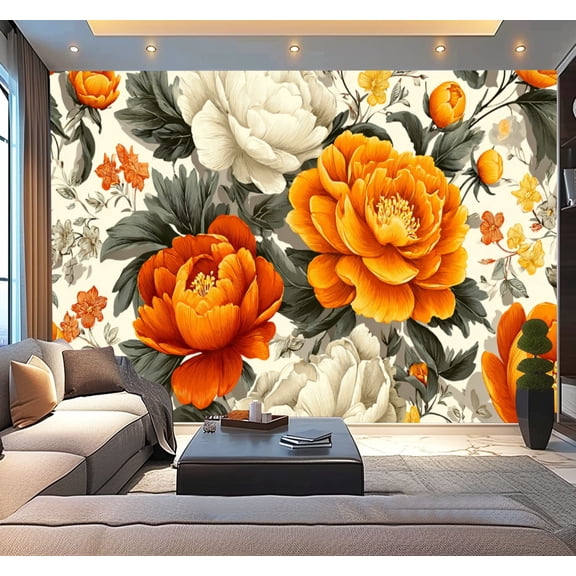 Peel and Stick Wallpaper Waterproof Vintage Large Floral Peony Retro Flower Peonies Rose Floral Orange Wall Mural Decor Self Adhesive and Removable 100in x 144in