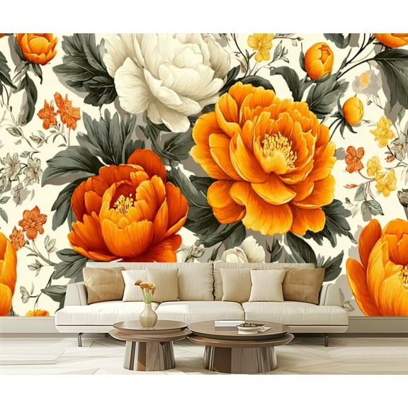 Peel and Stick Wallpaper Waterproof Vintage Large Floral Peony Retro Flower Peonies Rose Floral Orange Wall Mural Decor Self Adhesive and Removable 69in x 98in