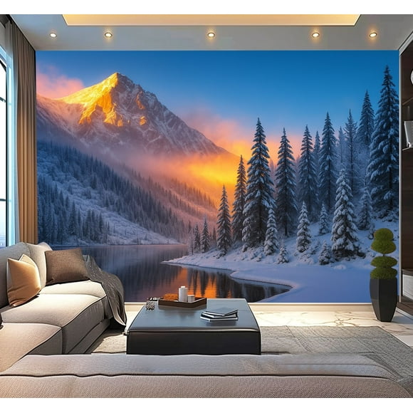 Peel and Stick Wallpaper Waterproof Winter Mountain landscape Morskie oko Tatra national park sunrise Wall Mural Decor Self Adhesive and Removable 100in x 144in