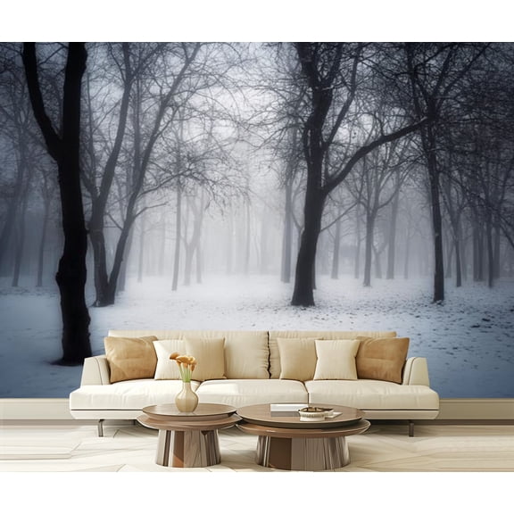 Peel and Stick Wallpaper Waterproof Winter forest fog Foggy trees cold morning misty woods Beautiful Wall Mural Decor Self Adhesive and Removable 69in x 98in