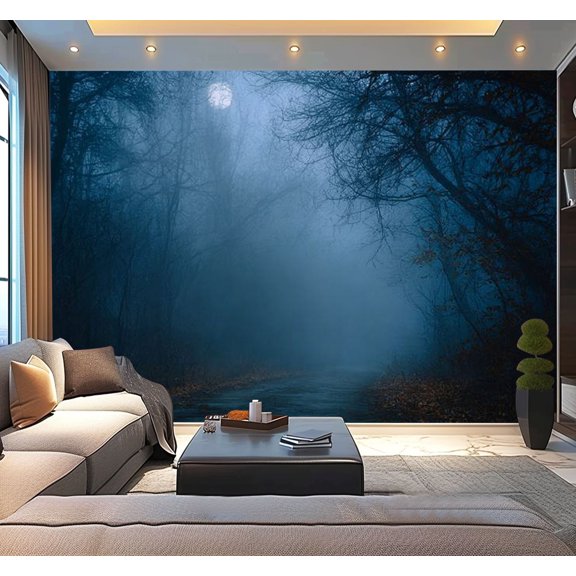 Peel and Stick Wallpaper Waterproof foggy road autumn forest Mysterious pathway cold blue tones Halloween Wall Mural Decor Self Adhesive and Removable 100in x 144in