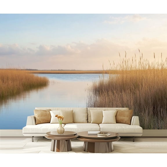 Peel and Stick Wallpaper Waving Reeds Afternoon Sunlight Lake Reeds Sky Sunset Light Water Modern Art Wall Mural Decor Self Adhesive and Removable 69in x 98in