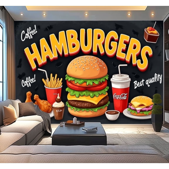 Peel and Stick Wallpaper Western Burger Fried Chicken Fast Food Restaurant Food Mural Bakery Modern Art Wall Mural Decor Self Adhesive and Removable 100in x 144in
