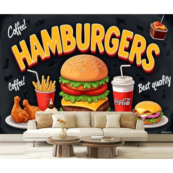 Peel and Stick Wallpaper Western Burger Fried Chicken Fast Food Restaurant Food Mural Bakery Modern Art Wall Mural Decor Self Adhesive and Removable 69in x 98in