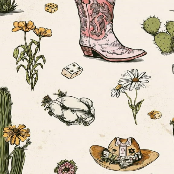 Peel and Stick Wallpaper Western Cowboy Pink Boot Cactus Hat Wildflowers Wall Mural 17.7in x 9.8ft Self Adhesive Removable Wall Paper Renter Friendly Wallpaper for Nursery Bedroom Cabinets