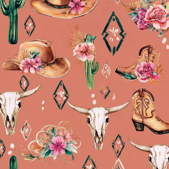 Peel and Stick Wallpaper Western Cowgirl Floral Boots Cowboy Hats Skull Cactus Coral Wall Mural 17.7in x 9.8ft Self Adhesive Removable Wall Paper Renter Friendly Wallpaper for Nursery Cabinets