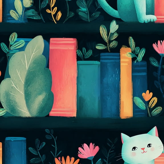 Peel and Stick Wallpaper Whimsical Cat Bookshelf Vibrant Flowers Leaves Wall Mural 23.6in x 9.8ft Self Adhesive Removable Wall Paper Renter Friendly Wallpaper for Bedroom