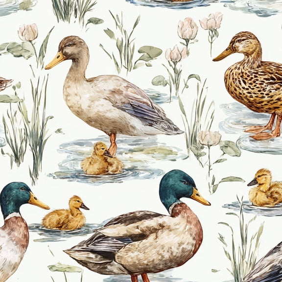 Peel and Stick Wallpaper Whimsical Duck Family Mallard Ducks Ducklings Floral Wall Mural 23.6in x 9.8ft Self Adhesive Removable Wall Paper Renter Friendly Wallpaper for Nursery Bedroom Cabinets