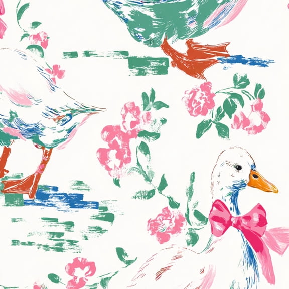 Peel and Stick Wallpaper Whimsical Ducks Pink Bows Floral Hand Painted Pastel Wall Mural 17.7in x 9.8ft Self Adhesive Removable Wall Paper Renter Friendly Wallpaper for Bedroom Nursery