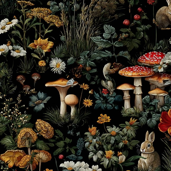 Peel and Stick Wallpaper Whimsical Forest Scene Mushrooms Wildflowers Rabbits Wall Mural 23.6in x 9.8ft Self Adhesive Removable Wall Paper Renter Friendly Wallpaper for Nursery Bedroom Cabinets