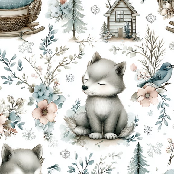 Peel and Stick Wallpaper Whimsical Winter Forest Sleeping Wolves Floral Cabin Wall Mural 17.7in x 9.8ft Self Adhesive Removable Wall Paper Renter Friendly Wallpaper for Kids Bedroom Nursery