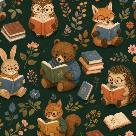 Peel and Stick Wallpaper Whimsical Woodland Animals Reading Books Floral Wall Mural 23.6in x 9.8ft Self Adhesive Removable Wall Paper Renter Friendly Wallpaper for Nursery Bedroom Cabinets