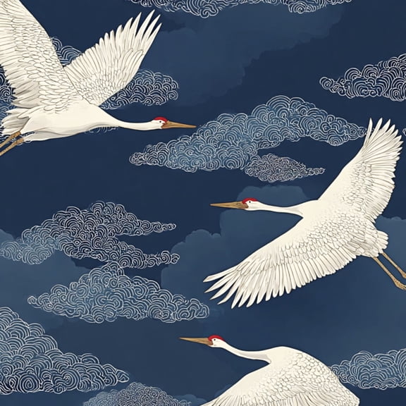 Peel and Stick Wallpaper White Cranes Stylized Clouds Deep Blue Japanese Wall Mural 17.7in x 9.8ft Self Adhesive Removable Wall Paper Renter Friendly Wallpaper for Nursery Bedroom Cabinets
