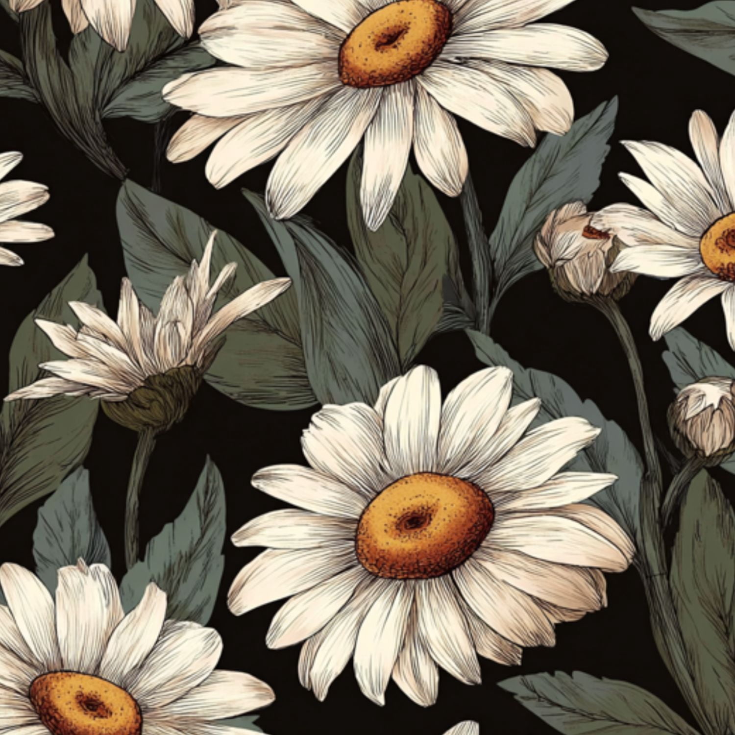 Peel and Stick Wallpaper White Daisy Flowers Green Leaves Black Botanical Wall Mural 17.7in x 9.8ft Self Adhesive Removable Wall Paper Renter Friendly Wallpaper for Nursery Bedroom Cabinets
