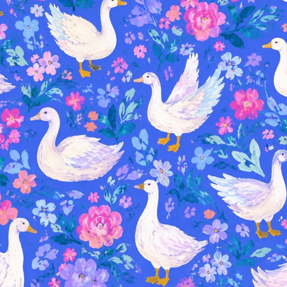 Peel and Stick Wallpaper White Ducks Pink Floral Impressionist Gouache Style Vibrant Blue 24in x 118in Contact Paper Removable Self Adhesive Wall Mural Wall Decor for Bedroom Kitchen Cabinets