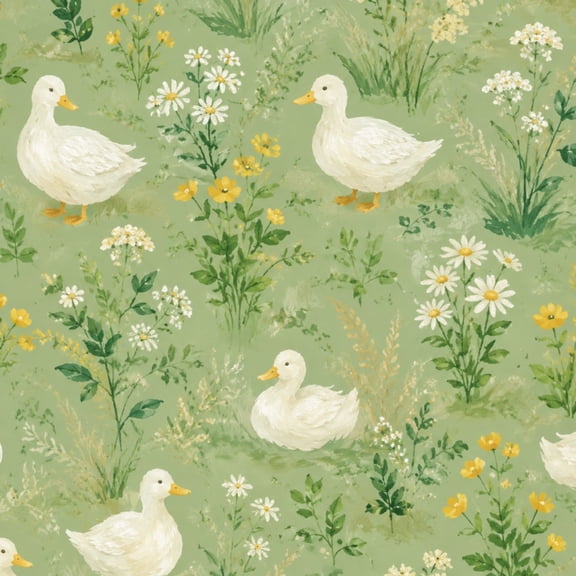 Peel and Stick Wallpaper White Ducks Wildflowers Green Pastoral 24in x 118in Contact Paper Removable Self Adhesive Wall Mural Wall Decor for Bedroom Kitchen Cabinets