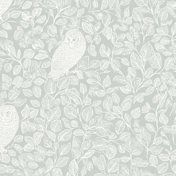 Peel and Stick Wallpaper White Owl Leaf Soft Grey Hand Drawn Romantic Botanical Wall Mural 17.7in x 9.8ft Self Adhesive Removable Wall Paper Renter Friendly Wallpaper for Nursery Bedroom Cabinets