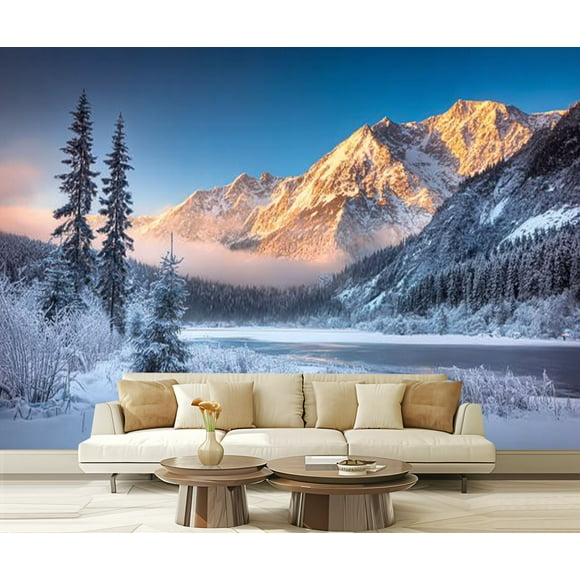 Peel and Stick Wallpaper Winter Mountain landscape Morskie oko Tatra national park sunrise Modern Art Wall Mural Decor Self Adhesive and Removable 69in x 98in