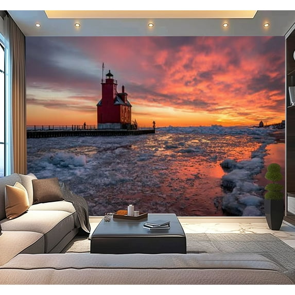 Peel and Stick Wallpaper Winter red sunset reflection lighthouse Holland Michigan Modern Art Wall Mural Decor Self Adhesive and Removable 100in x 144in