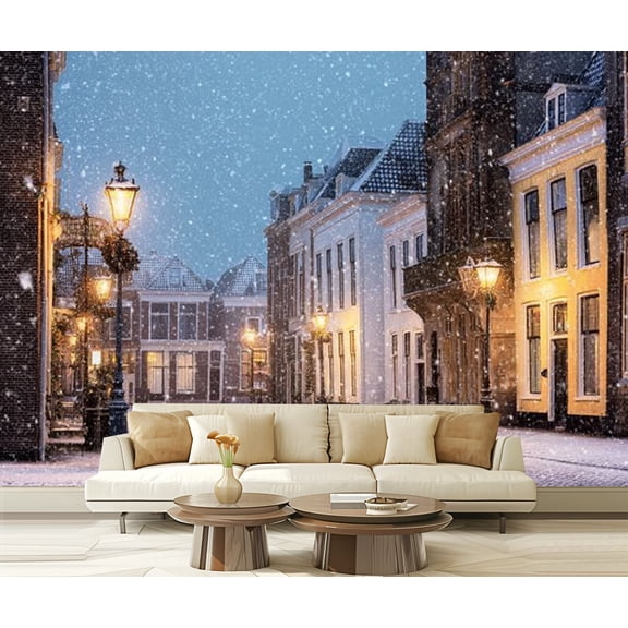 Peel and Stick Wallpaper Winter view snowfall houses Pieterskerkhof old Dutch city center Modern Art Wall Mural Decor Self Adhesive and Removable 69in x 98in