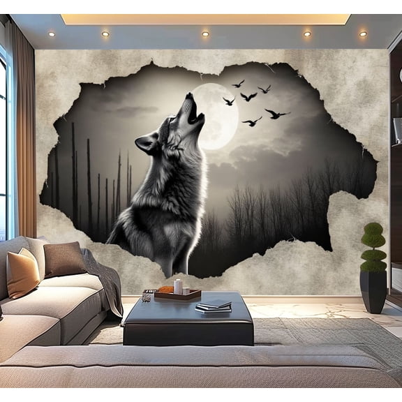 Peel and Stick Wallpaper Wolf Forest Nature Tree Print Picture Design Howling Moon Torn Modern Art Wall Mural Decor Self Adhesive and Removable 100in x 144in