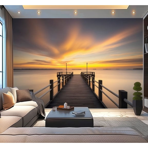 Peel and Stick Wallpaper Wooded Bridge Port Sunrise Pier Water Sky Sunset Clouds Photography Modern Art Wall Mural Decor Self Adhesive and Removable 100in x 144in