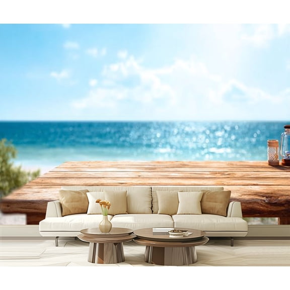 Peel and Stick Wallpaper Wooden table top blurred summer blue sea sky for your display montage Modern Art Wall Mural Decor Self Adhesive and Removable 69in x 98in