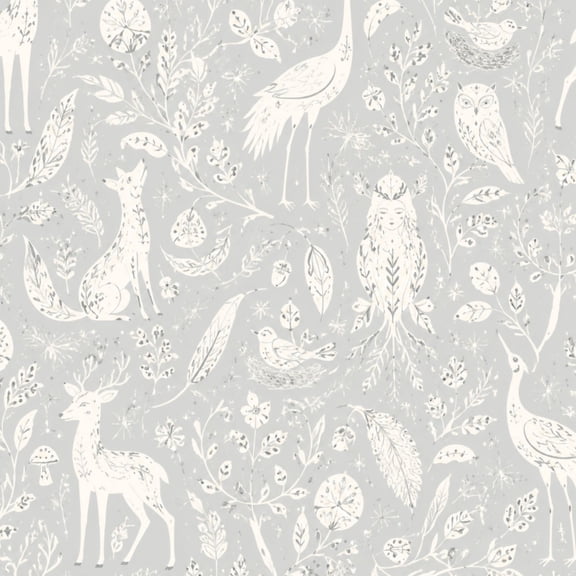 Peel and Stick Wallpaper Woodland Animals Birds Seamless Soft Gray White Scandinavian Folk Art 17.7in x 118in Contact Paper Removable Self Adhesive Wall Mural Wall Decor for Bedroom Kitchen Cabinets
