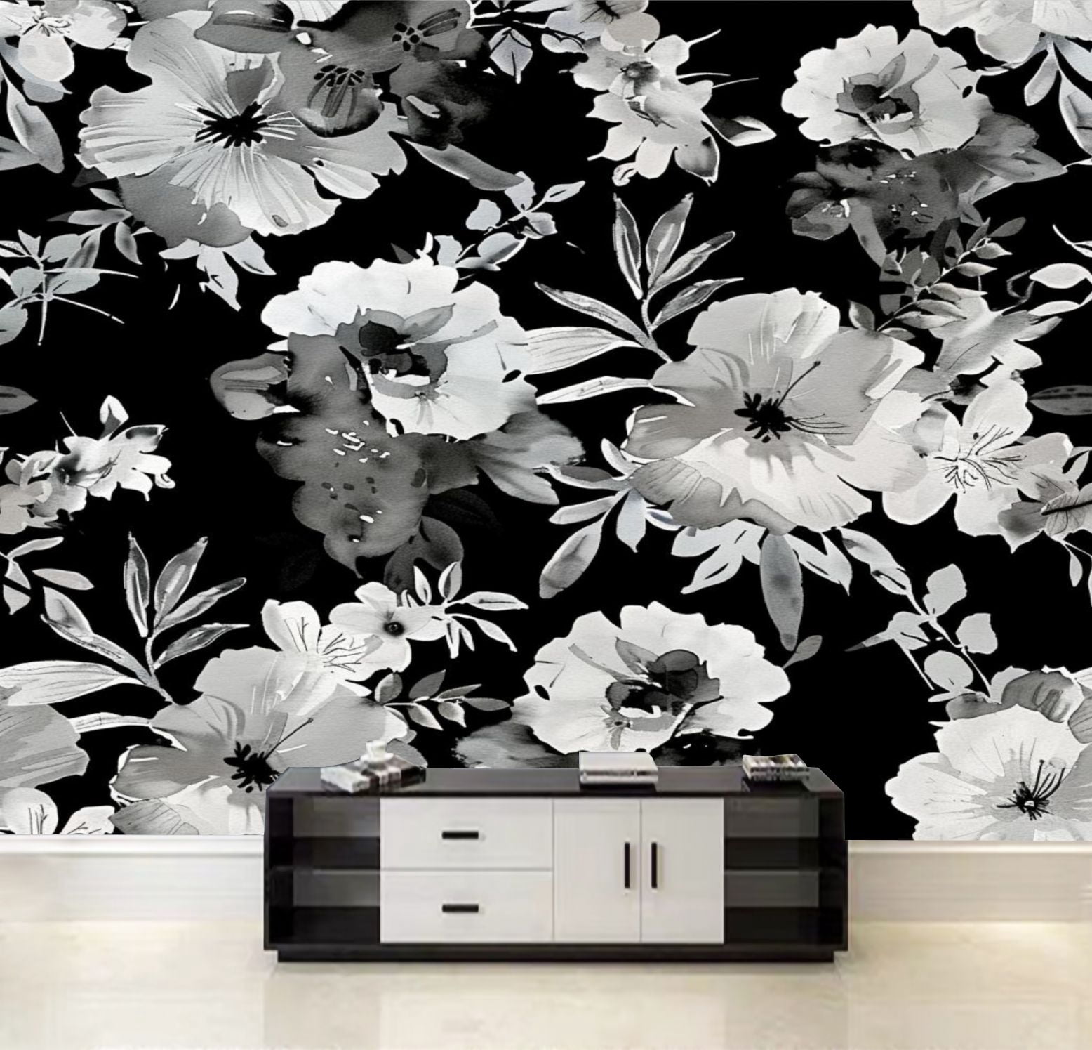 Peel and Stick Wallpaper abstract flower pattern black Canvas Texture ...
