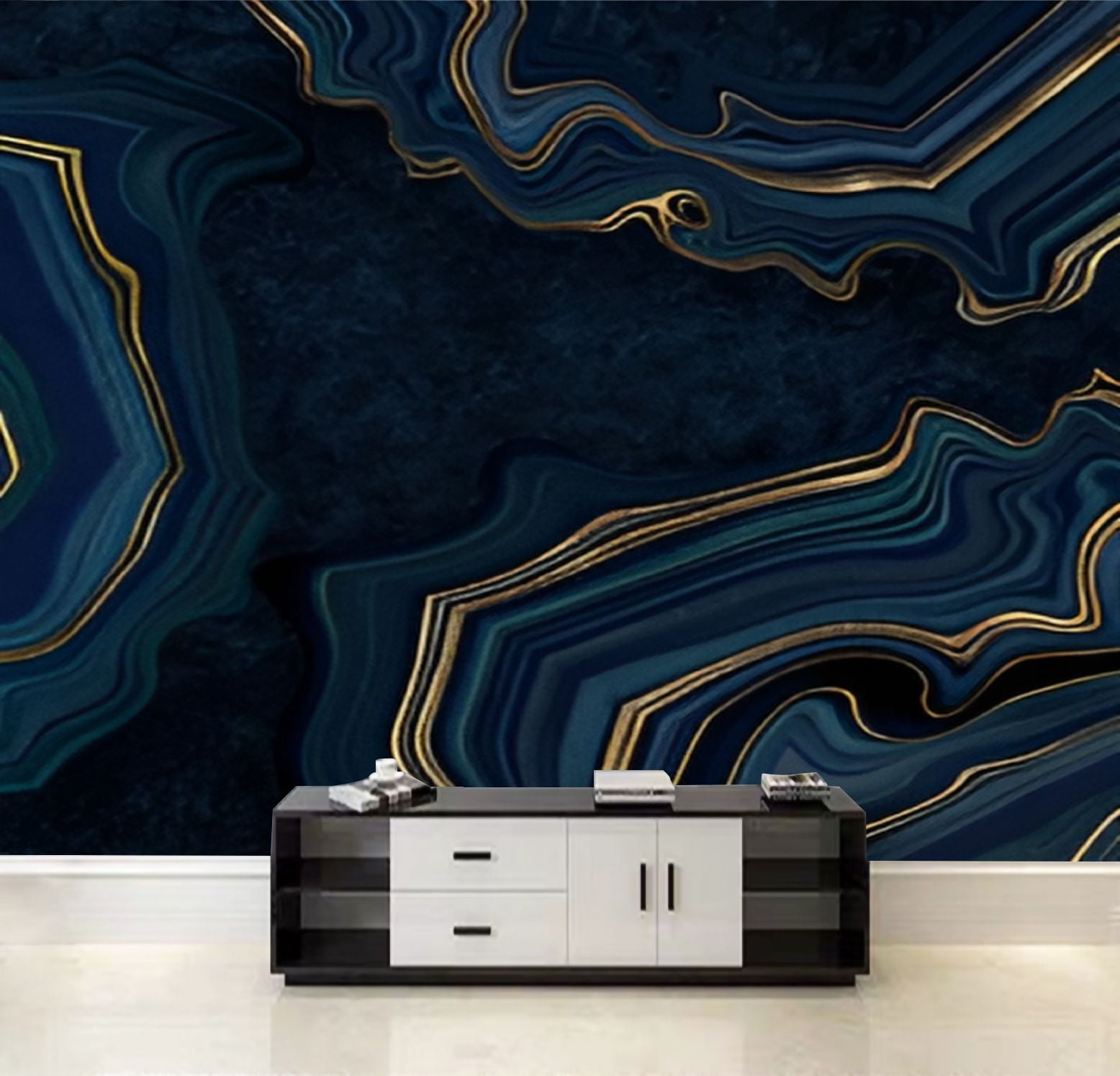 Peel and Stick Wallpaper abstract luxurious dark blue fake agate golden ...