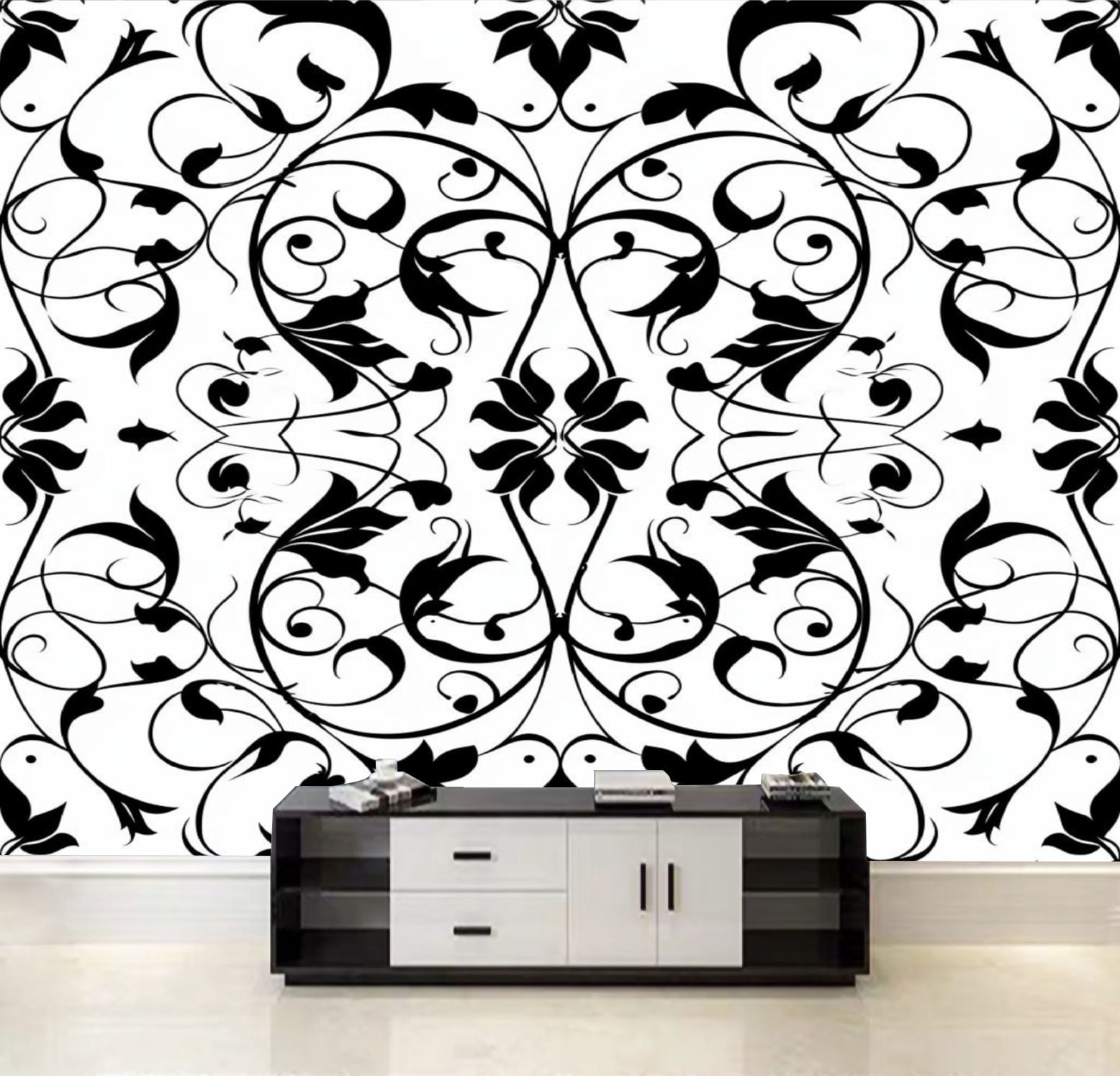 Peel and Stick Wallpaper floral oriental black seamless Canvas Texture ...