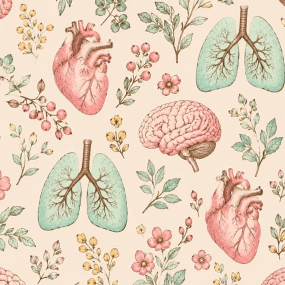Peel and Stick Wallpaper human lungs heart brain flowers seamless healthcare medical vintage 24in x 118in Contact Paper Removable Self Adhesive Wall Mural Wall Decor for Bedroom Kitchen Cabinets