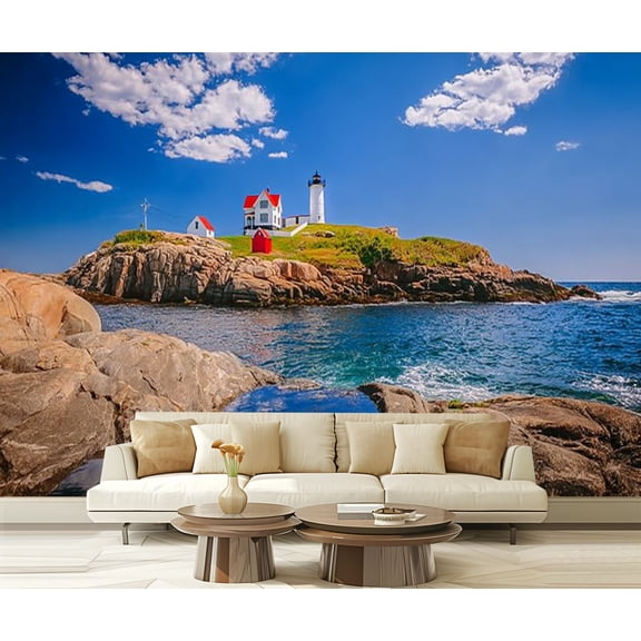 Peel and Stick Wallpaper nubble lighthouse coastline maine new england countryside Modern Art Wall Mural Decor Self Adhesive and Removable 69in x 98in
