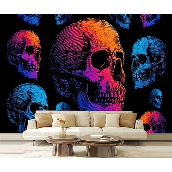 Peel and Stick Wallpaper seamless human skulls Gradient fill bright trend colors purple orange Modern Art Wall Mural Decor Self Adhesive and Removable 69in x 98in