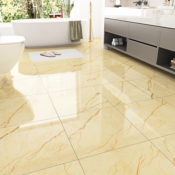 Peel and Stick Waterproof Floor Tiles, Yellow Marble Vinyl Flooring, Self Adhesive, Removable, 12 x 12 in, 5 PCS, Ideal for Bathroom, Kitchen, Bedroom