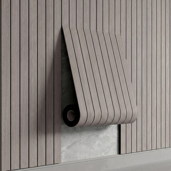 Peel and Stick Wood Wall Panels 236" x 15.7" – Fluted Slat Design, PVC Paneling for Feature Wall and Ceiling in Living Room, Office, Bedroom, Grayish Brown