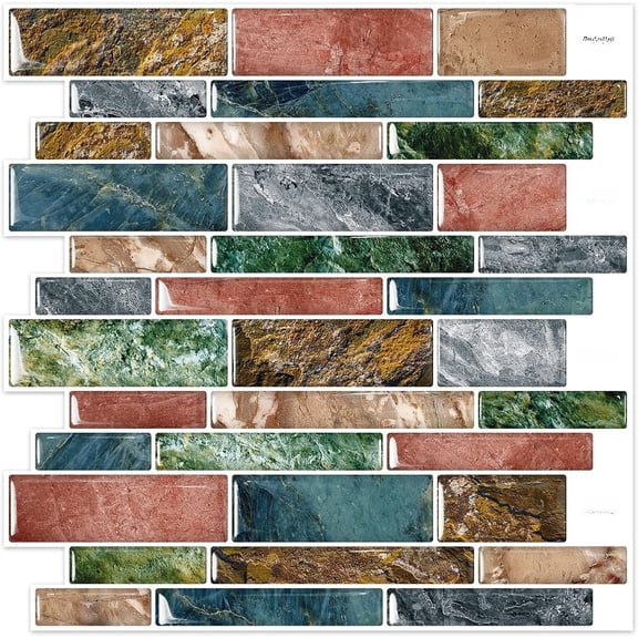 Peel and Self Backsplash Wall Marble Tiles Stickers for Kitchen Bathroom,Colorful (10-Sheet, 12"x12")