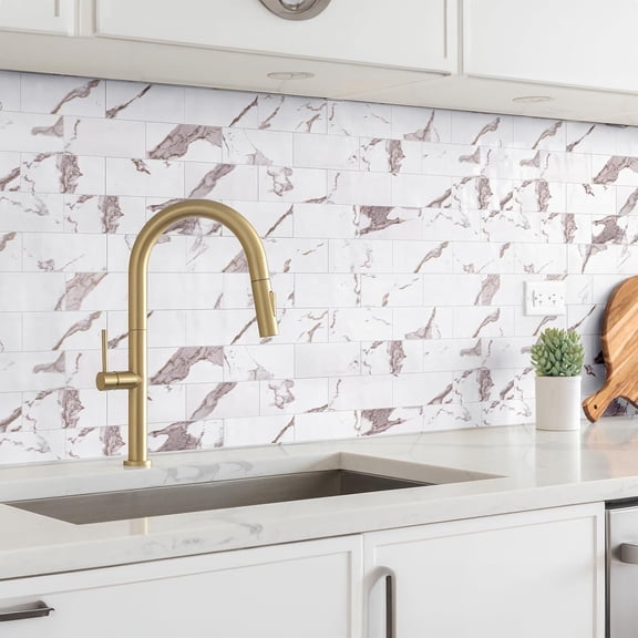 Peel and Stick Backsplash, PVC Subway Tile White Marble with Gold Accent, Stick on Tile for Kitchen Fireplace RV
