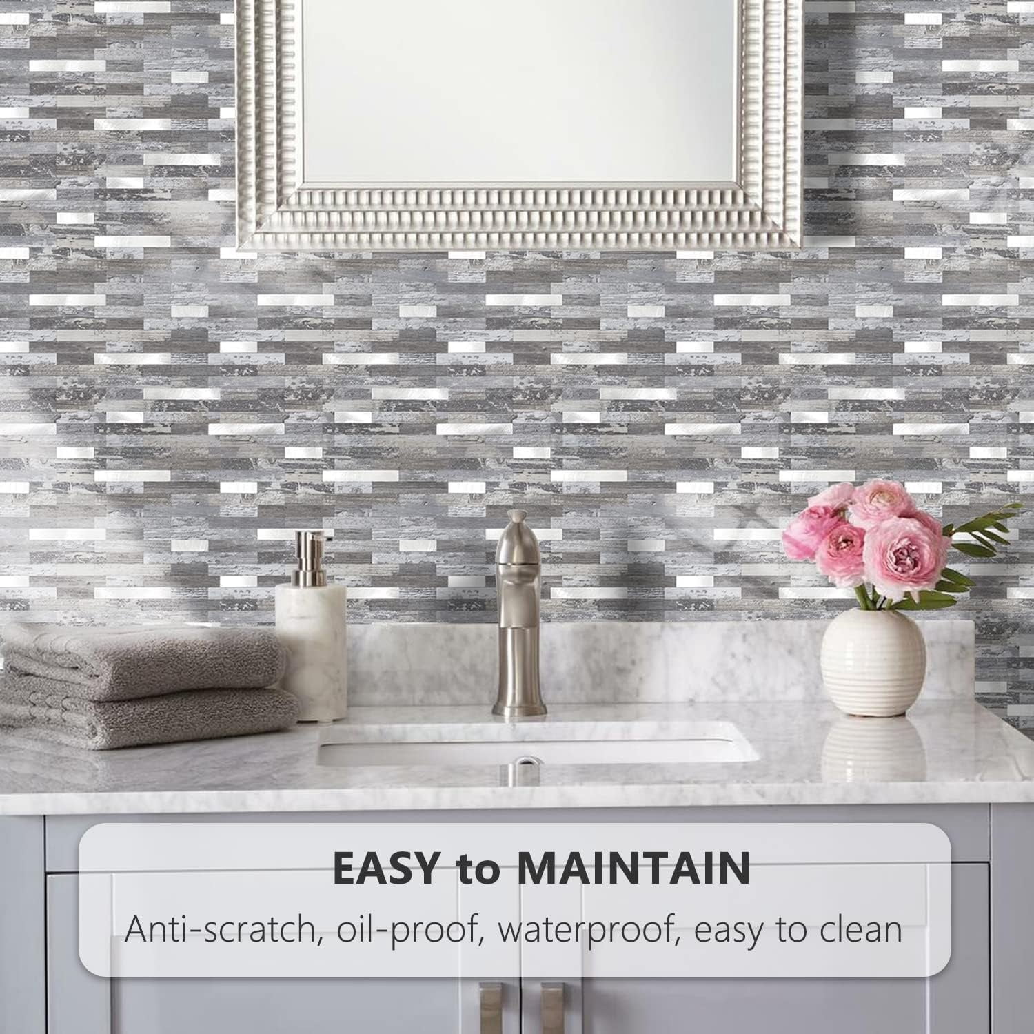 Peel and Stick Backsplash, PVC Wall Tiles Stick on Backsplash for Kitchen(10 Sheets, Distressed Wood with Metal Silver)