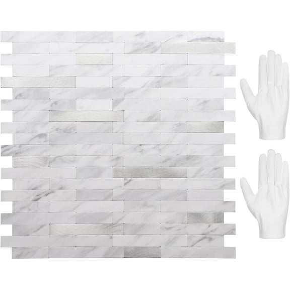 Peel and Stick Backsplash, PVC Wall Tiles Stick on Backsplash for Kitchen(10 Sheets, White Marble with Metal Silver)