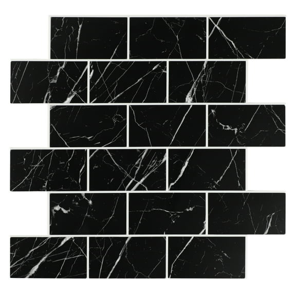 Black Marble Peel and Stick Subway Tile, 12" x 10.5" Faux Stone  Wall Tiles for Kitchen Bathroom (6-Sheet)