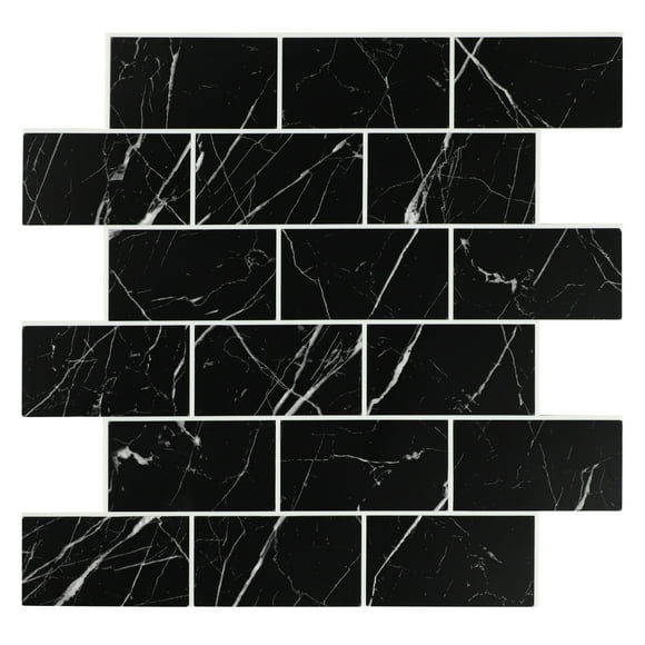 Black Marble Peel and Stick Subway Tile, 12" x 10.5" Faux Stone Wall Tiles for Kitchen Bathroom (6-Sheet)