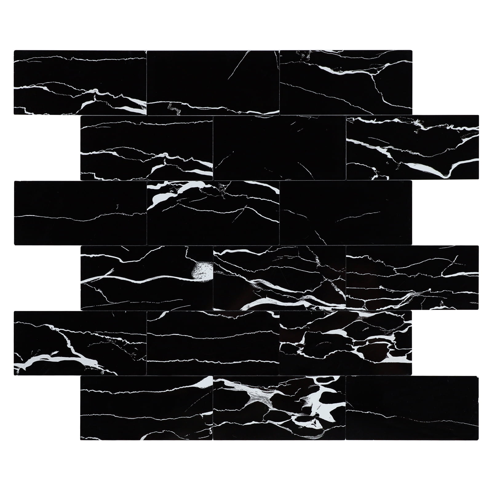 Black Peel and Stick Backsplash Tiles, 12" x 12" Faux Marble Stone Stick on Subway Tile for Kitchen Bathroom  (6 Sheets)