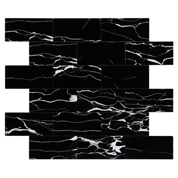 Black Peel and Stick Backsplash Tiles, 12" x 12" Faux Marble Stone Stick on Subway Tile for Kitchen Bathroom (6 Sheets)