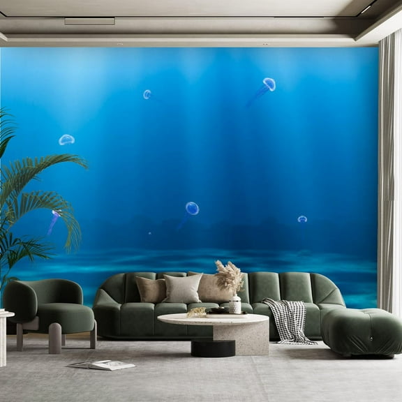 Peel and Stick Canvas Wallpaper Wall Mural 3D render jellyfish floating ocean Wall Art Self Adhesive and Removable 100in x 144in
