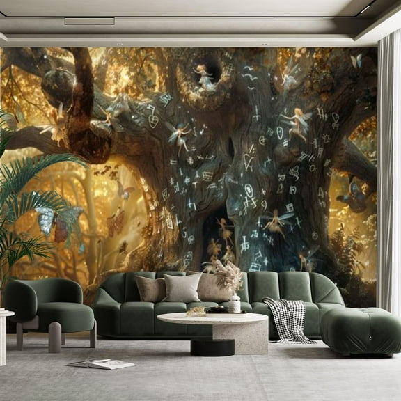 Peel and Stick Canvas Wallpaper Wall Mural Ancient Oak Mystical Runes Arthur Rackham Style Wall Art Self Adhesive and Removable 100in x 144in