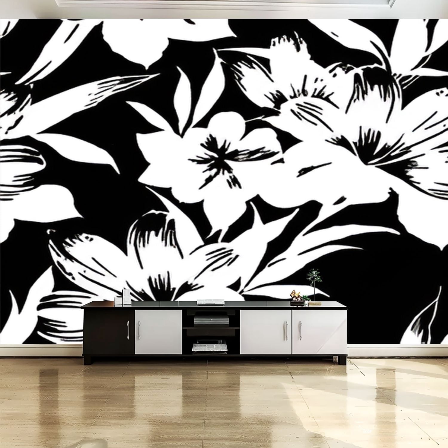 Peel and Stick Canvas Wallpaper Wall Mural Black White Floral Pattern ...