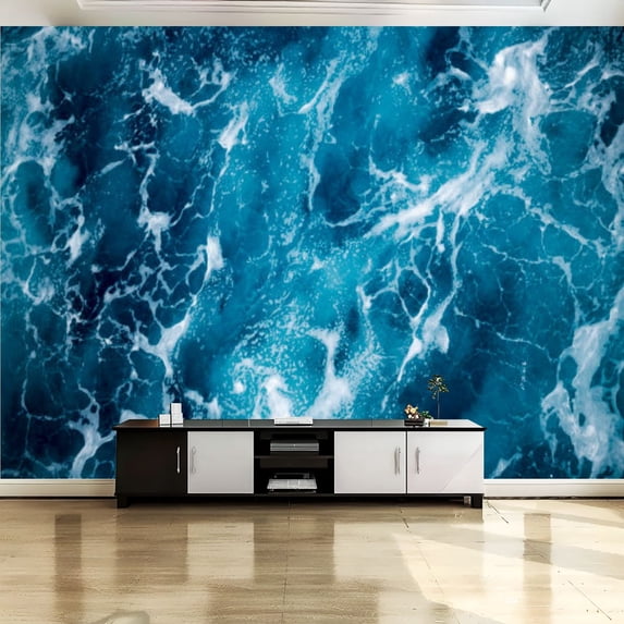Peel and Stick Canvas Wallpaper Wall Mural Blue deep sea foaming water ...