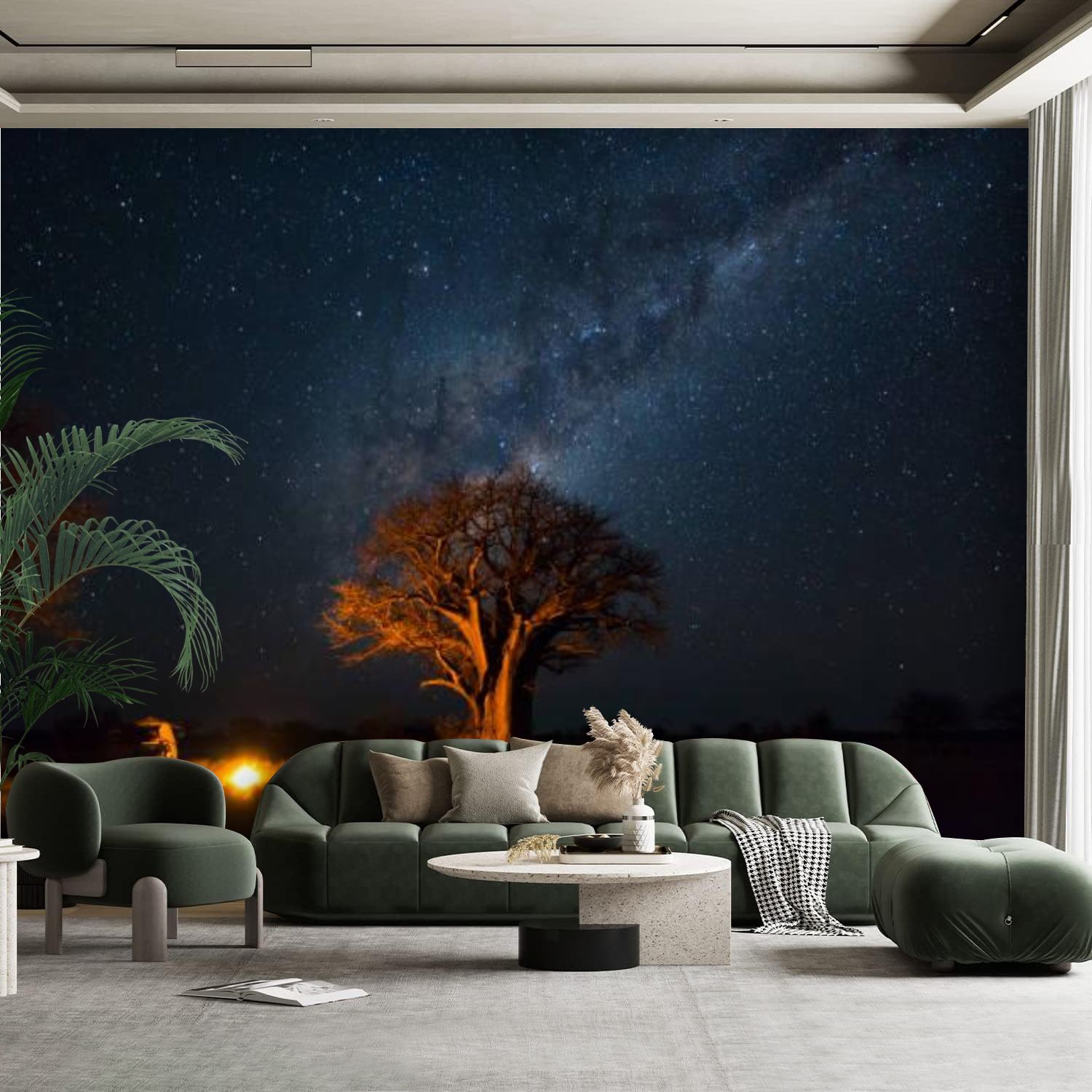 Peel and Stick Canvas Wallpaper Wall Mural Camping under baobabs milkyway Wall Art Self Adhesive and Removable 100in x 144in